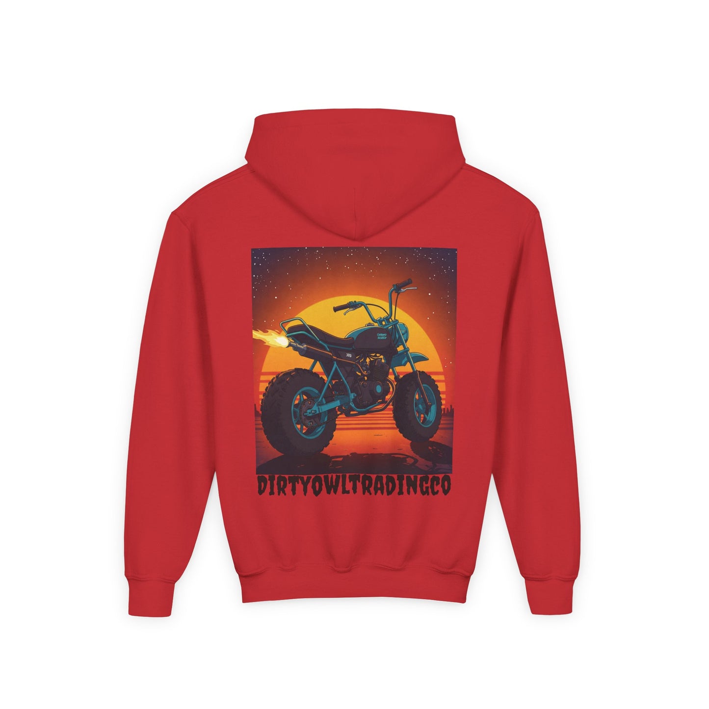 Youth Heavy Blend Hooded Sweatshirt - Dirty Owl Design with Retro Bike