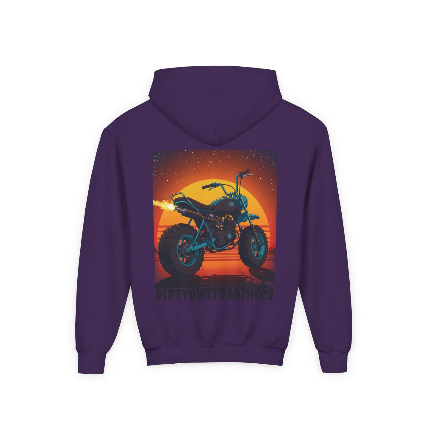 Youth Heavy Blend Hooded Sweatshirt - Dirty Owl Design with Retro Bike