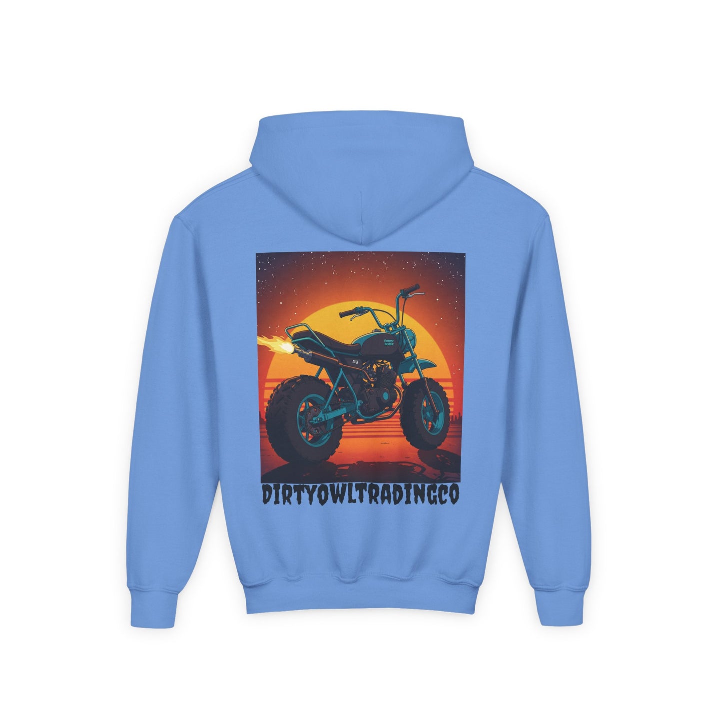Youth Heavy Blend Hooded Sweatshirt - Dirty Owl Design with Retro Bike