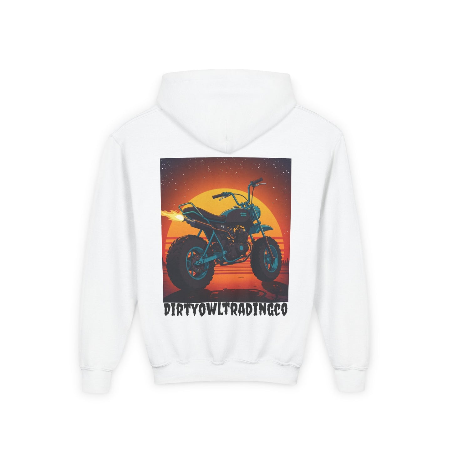 Youth Heavy Blend Hooded Sweatshirt - Dirty Owl Design with Retro Bike