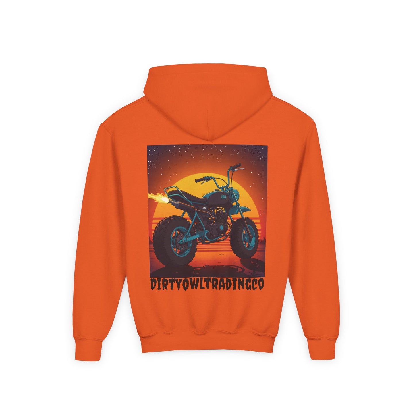 Youth Heavy Blend Hooded Sweatshirt - Dirty Owl Design with Retro Bike
