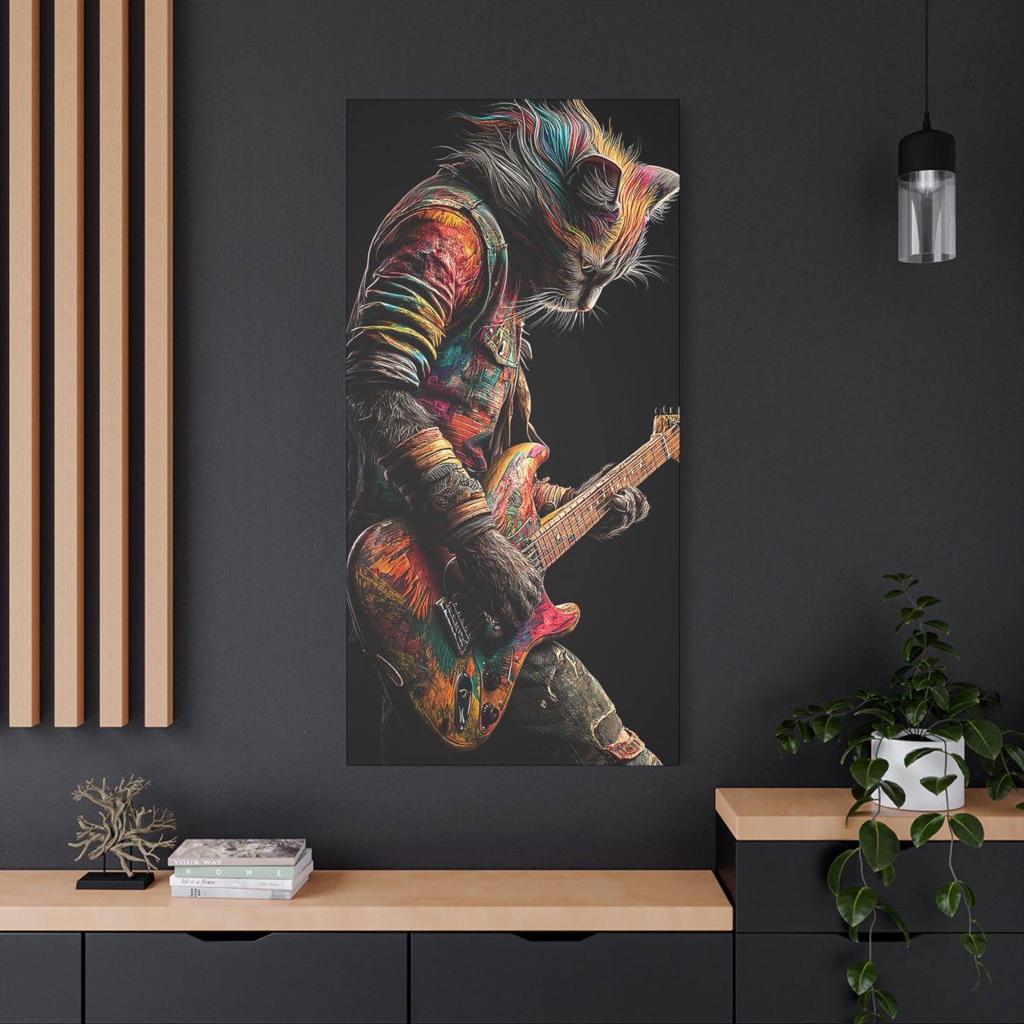 Colorful Cat Rock Star Canvas Art - 12" x 25"