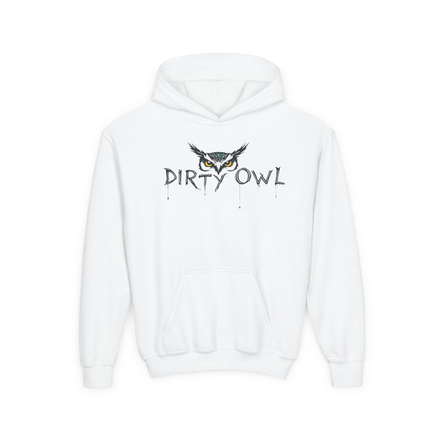 Youth Heavy Blend Hooded Sweatshirt - Dirty Owl Design with Retro Bike
