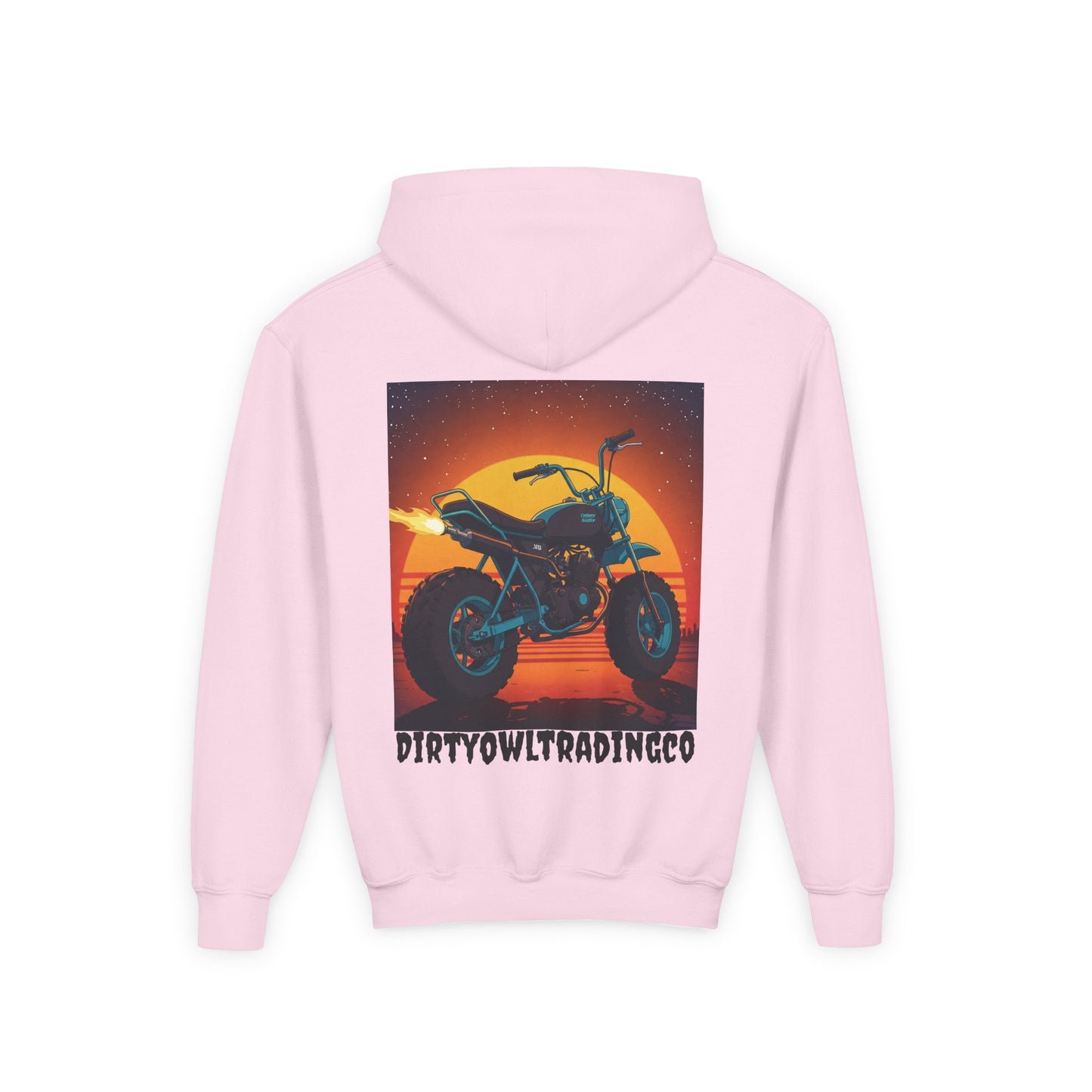 Youth Heavy Blend Hooded Sweatshirt - Dirty Owl Design with Retro Bike
