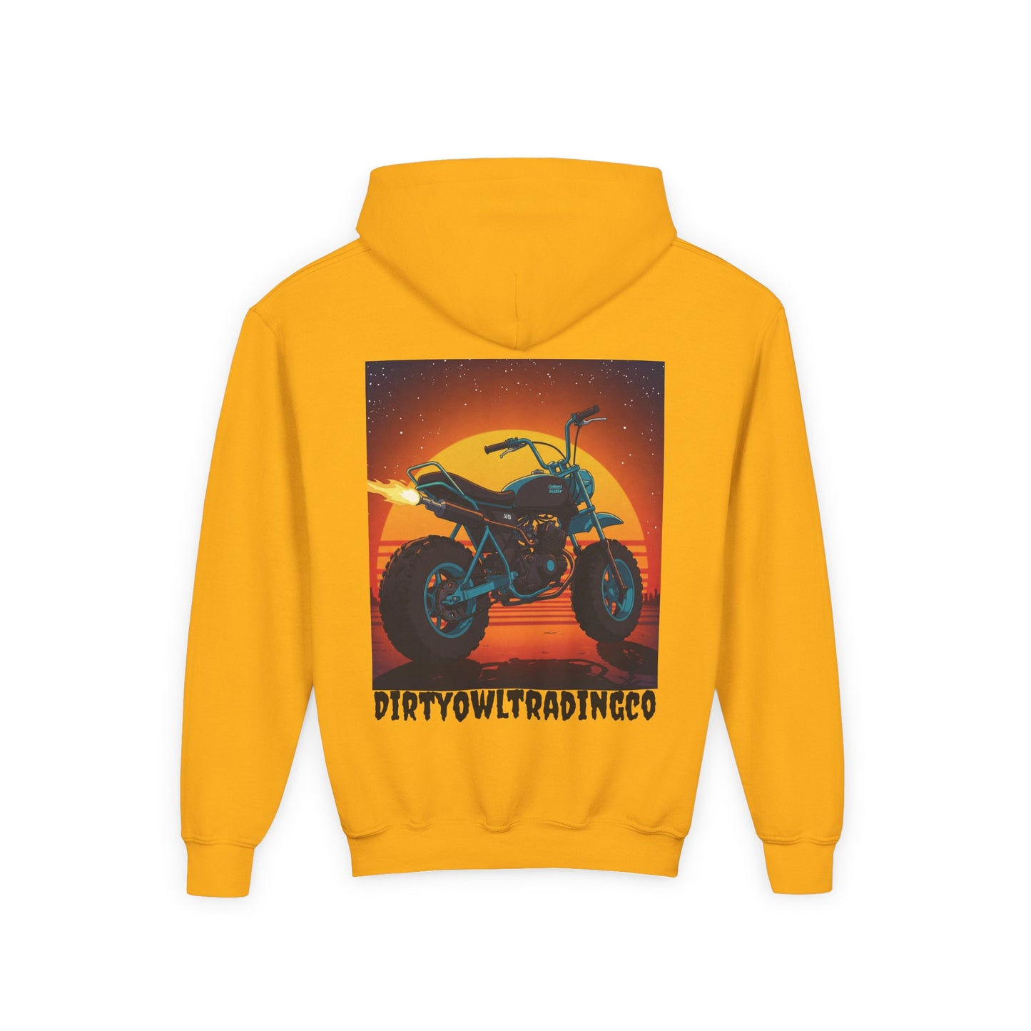 Youth Heavy Blend Hooded Sweatshirt - Dirty Owl Design with Retro Bike