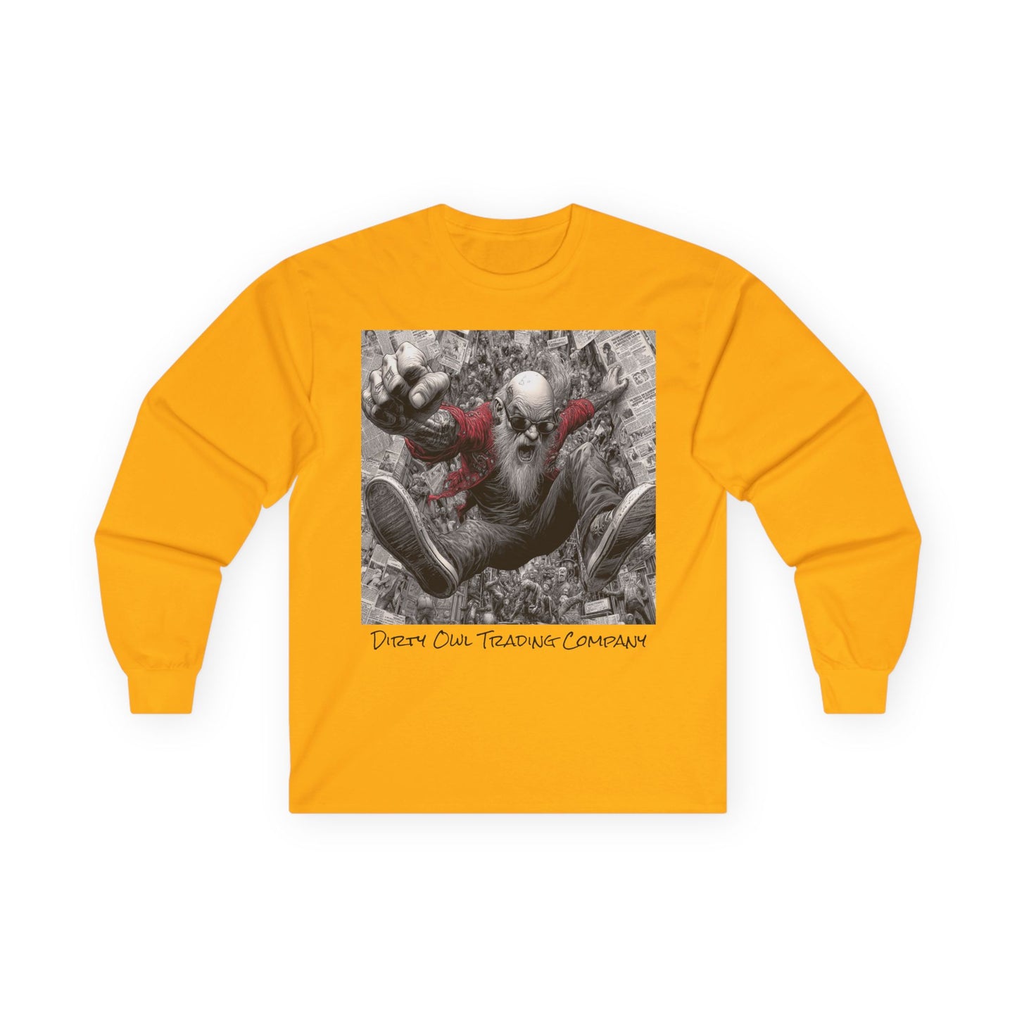 Long Sleeve Tee - Old School Biker Falling to the Crowd Design