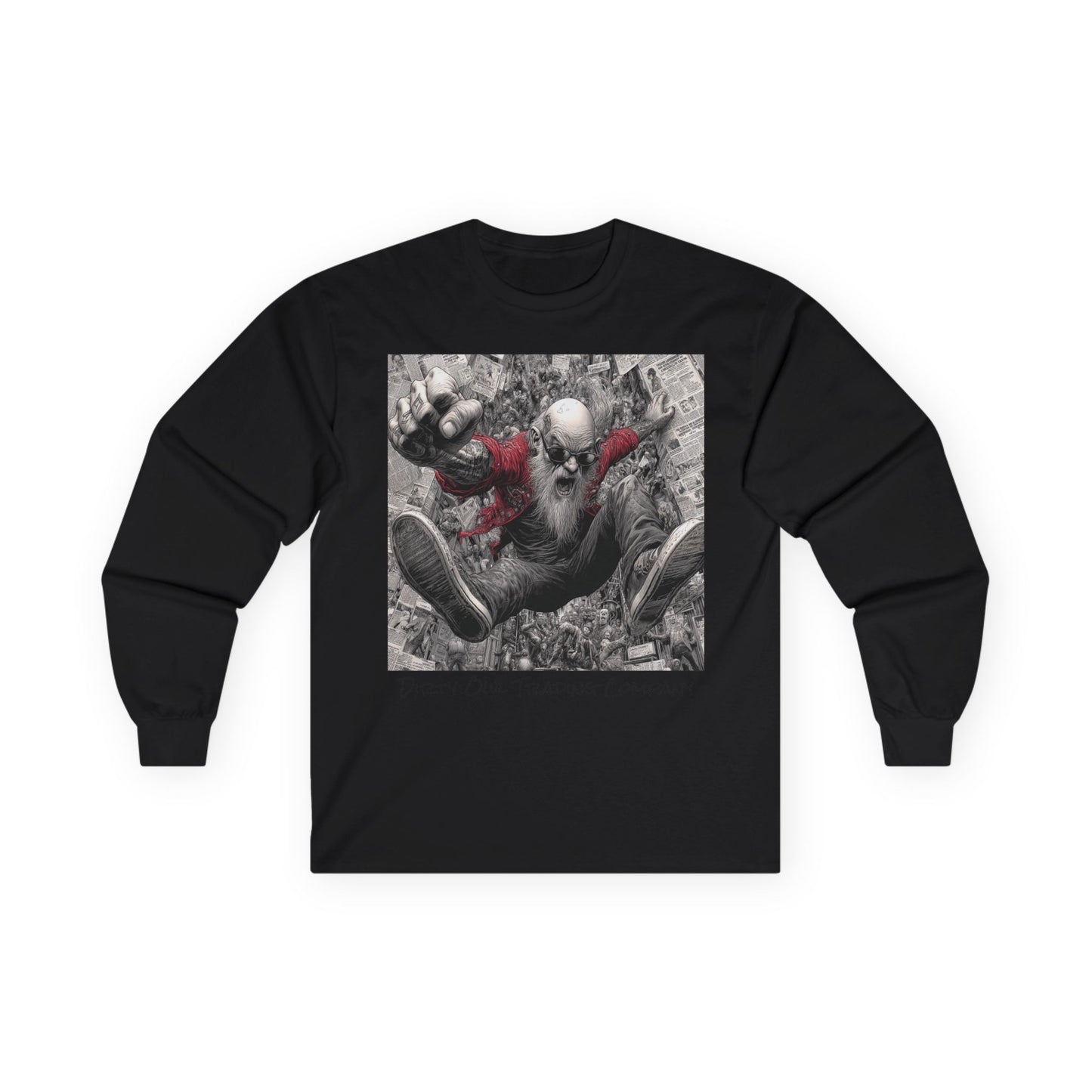 Long Sleeve Tee - Old School Biker Falling to the Crowd Design