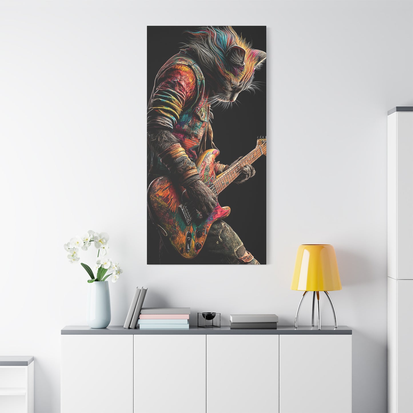 Colorful Cat Rock Star Canvas Art - 12" x 25"